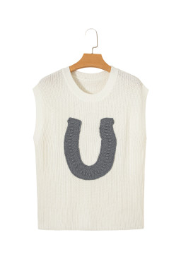 White Crochet Horseshoe Short Sleeve Knit Sweater