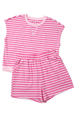 Pink Stripe Cap Sleeve Tee Elastic Waist Shorts 2pcs Outfit