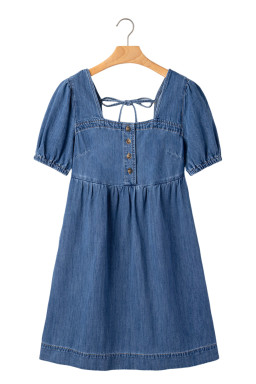 Prussian Blue Button Square Neck Short Puff Sleeve Denim Mini Dress