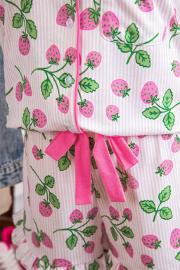 Pink Striped Strawberry Print Lapel Shirt Drawstring Shorts 2pcs Pajama Set
