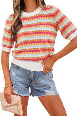 Orange Abstract Striped Knit Short Sleeve Sweater
