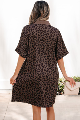 Brown Leopard Print Contrast Collar V-Neck Mini Dress