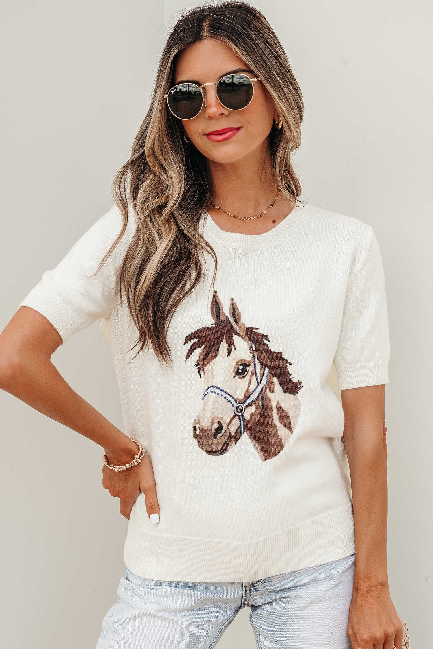 White Wild West Horse Head Printed Short Sleeve Sweater