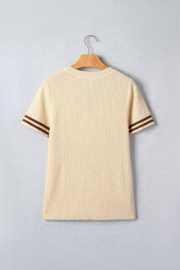 Apricot V Neck Ribbed Knit Striped Trim Short Sleeve Sweater