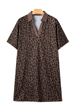 Brown Leopard Print Contrast Collar V-Neck Mini Dress