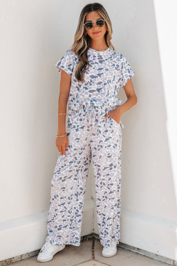 Beige Camouflage Print Twisted Rib Loose Tee Drawstring Pants Set