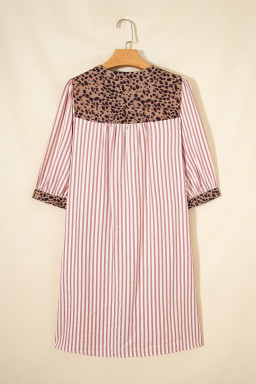Pink Stripe Square Button Leopard Trim Loose Bracelet Sleeve Shirt Dress