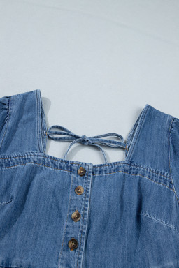 Prussian Blue Button Square Neck Short Puff Sleeve Denim Mini Dress