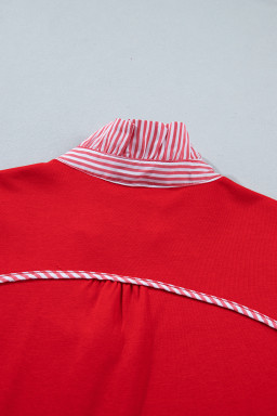 Fiery Red Striped Frilled Collar Short Sleeve Blouse