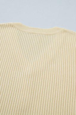 Apricot V Neck Ribbed Knit Striped Trim Short Sleeve Sweater