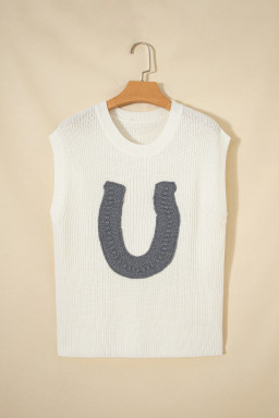 White Crochet Horseshoe Short Sleeve Knit Sweater