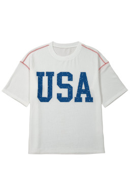 White USA Graphic Half Sleeve Loose Ribbed Top