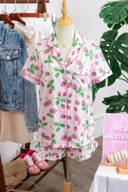 Pink Striped Strawberry Print Lapel Shirt Drawstring Shorts 2pcs Pajama Set