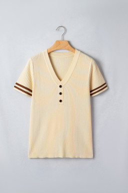 Apricot V Neck Ribbed Knit Striped Trim Short Sleeve Sweater