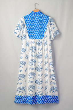 Sky Blue  Plus Size Floral Print Contrast Boho Patchwork V Neck Loose Midi Dress