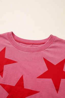 Red Independence Day Star Printed Mineral Wash T Shirt