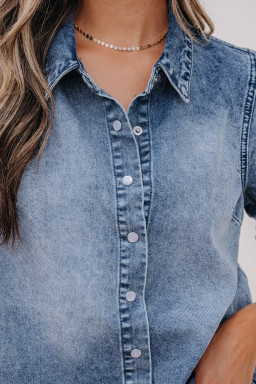 Beau Blue Frilled Short Sleeve Snap Button Denim Shirt