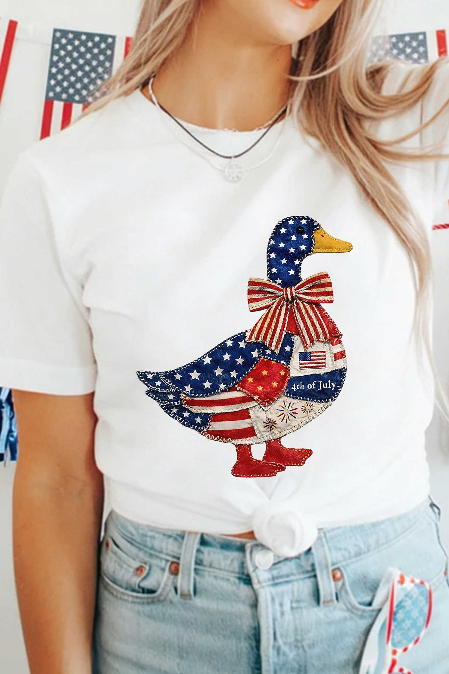 White Patriotic Patchwork Print Duck Graphic Tee