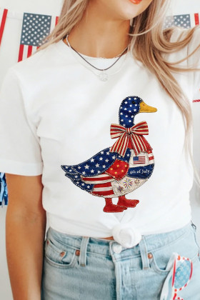 White Patriotic Patchwork Print Duck Graphic Tee