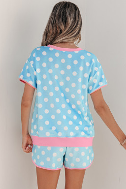 Sky Blue Polka Dot Contrast Edge Casual Short Set