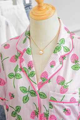 Pink Striped Strawberry Print Lapel Shirt Drawstring Shorts 2pcs Pajama Set
