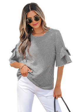 Black Plaid Bow Ruffled Half Sleeve Round Neck Blouse