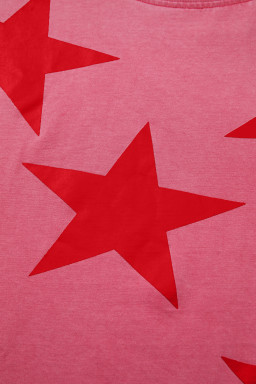 Red Independence Day Star Printed Mineral Wash T Shirt