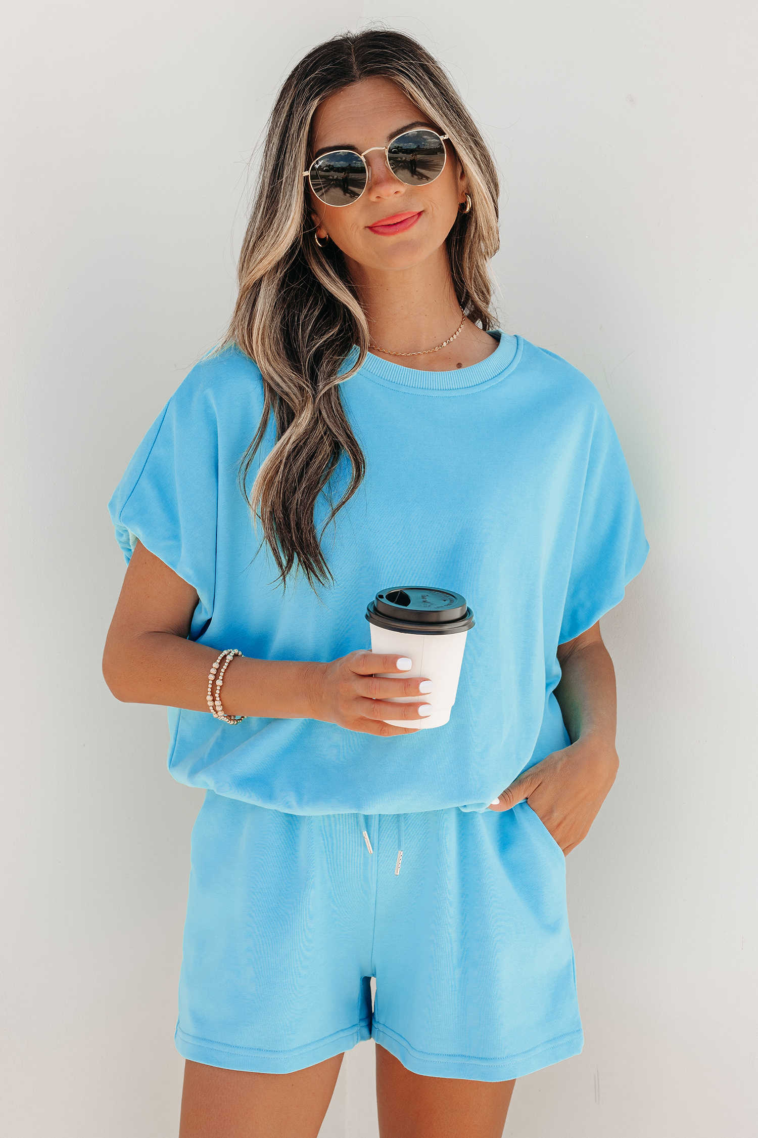 Light Blue Solid Color Puffy Loose Top Drawstring Shorts 2pcs Outfit