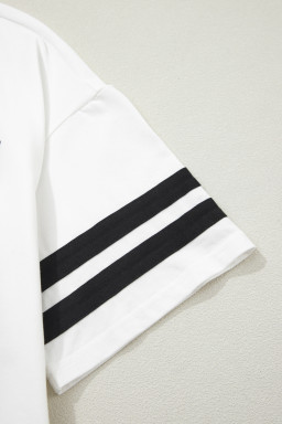 White USA Letter Printed Varsity Striped Sleeve Round Neck Tee