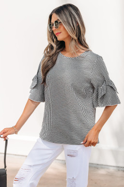 Black Plaid Bow Ruffled Half Sleeve Round Neck Blouse