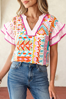 Rose Boho Mixed Print Contrast Trim Striped Patchwork Tiered Short Sleeve Blouse