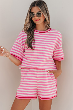 Pink Stripe Contrast Trim Short Sleeve Top Loose Shorts 2pcs Casual Outfit
