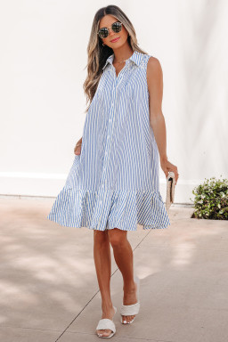 Sky Blue Stripe Shirt Collar Shirred Detail Ruffle Hem Sleeveless Dress