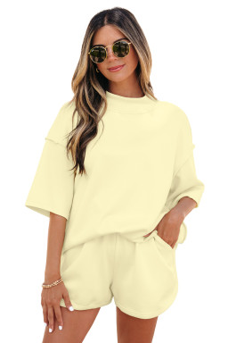 Yellow Cream Solid Color Exposed Seam Mock Neck Oversize Tee Casual Shorts 2pcs Outfit
