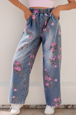 Beau Blue Floral Print Elastic Waist Pull On Casual Jeans