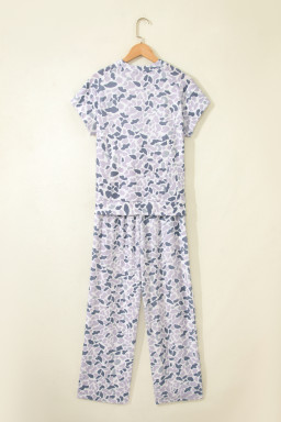 Beige Camouflage Print Twisted Rib Loose Tee Drawstring Pants Set
