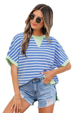 Sky Blue Stripe Contrast Trim Loose Short Sleeve Top