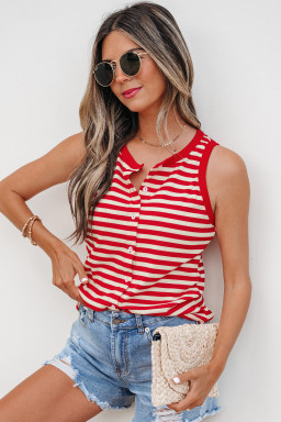 Red Stripe Buttoned Ribbed Knit Tank Top