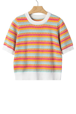 Orange Abstract Striped Knit Short Sleeve Sweater