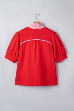 Fiery Red Striped Frilled Collar Short Sleeve Blouse