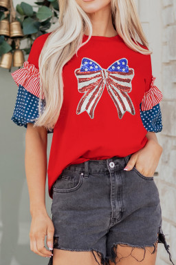 Fiery Red Patriotic Sequin Bow Contrast Puff Sleeve Blouse