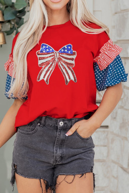 Fiery Red Patriotic Sequin Bow Contrast Puff Sleeve Blouse