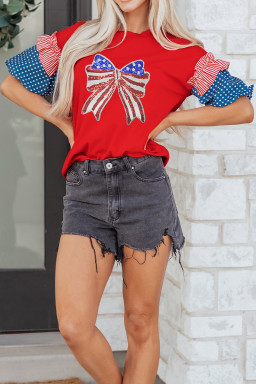 Fiery Red Patriotic Sequin Bow Contrast Puff Sleeve Blouse