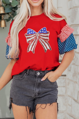 Fiery Red Patriotic Sequin Bow Contrast Puff Sleeve Blouse