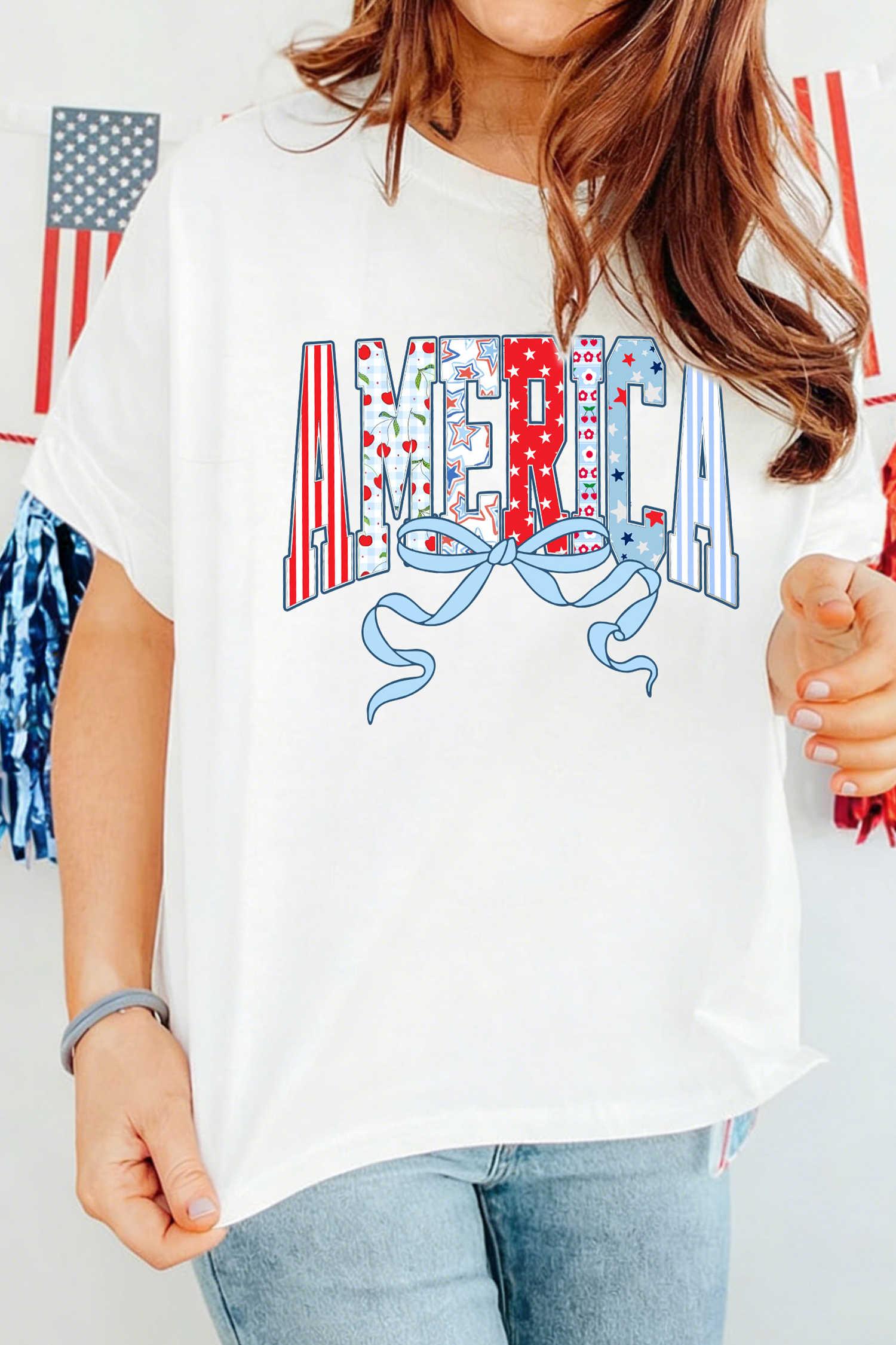 White Coquette AMERICA Printed Half Sleeve Loose Tee