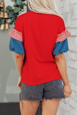 Fiery Red Patriotic Sequin Bow Contrast Puff Sleeve Blouse