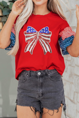 Fiery Red Patriotic Sequin Bow Contrast Puff Sleeve Blouse