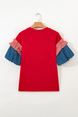Fiery Red Patriotic Sequin Bow Contrast Puff Sleeve Blouse