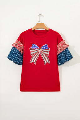 Fiery Red Patriotic Sequin Bow Contrast Puff Sleeve Blouse