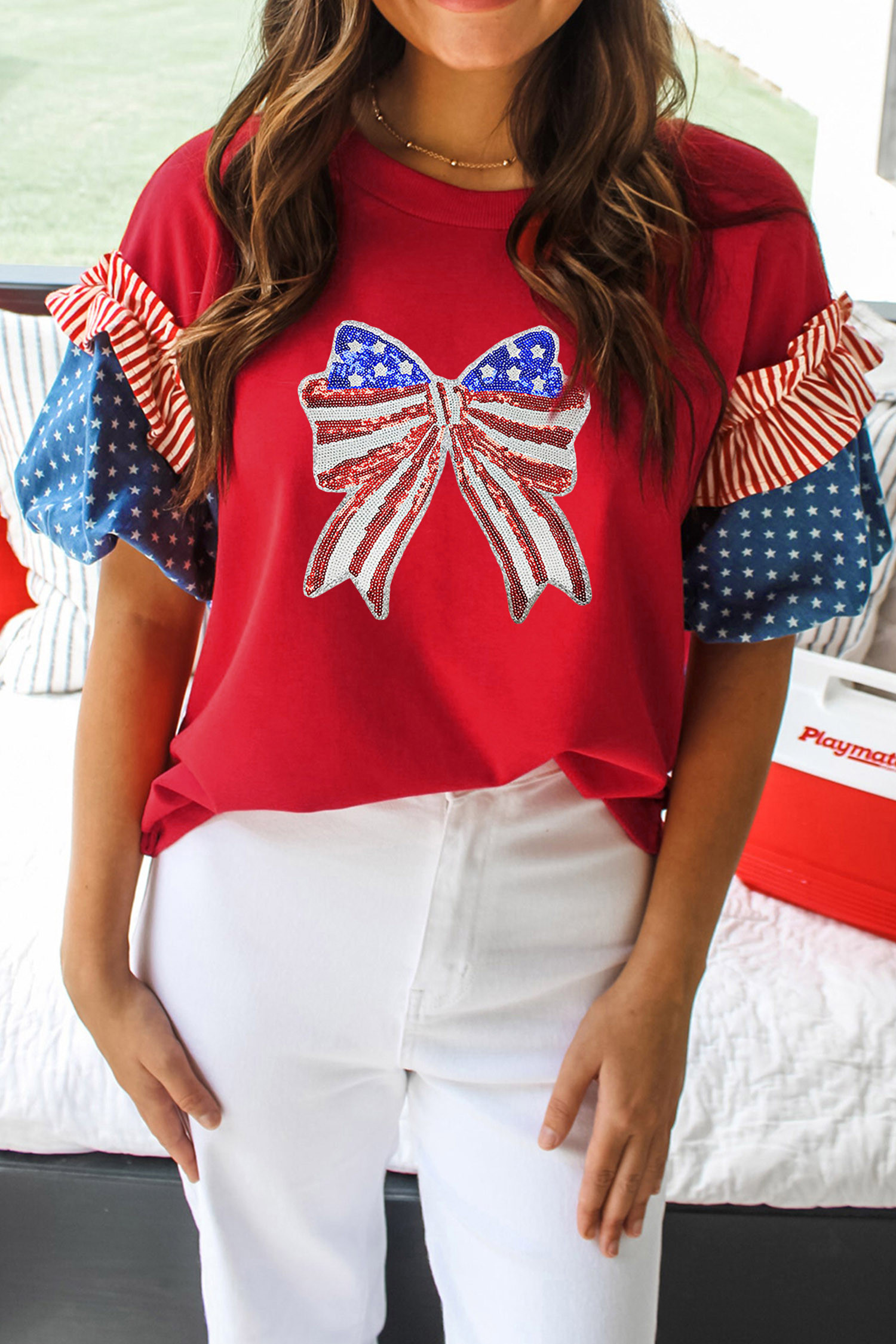Fiery Red Patriotic Sequin Bow Contrast Puff Sleeve Blouse